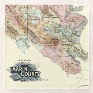 Vintage 1890 Map of Marin County Glass Coaster
