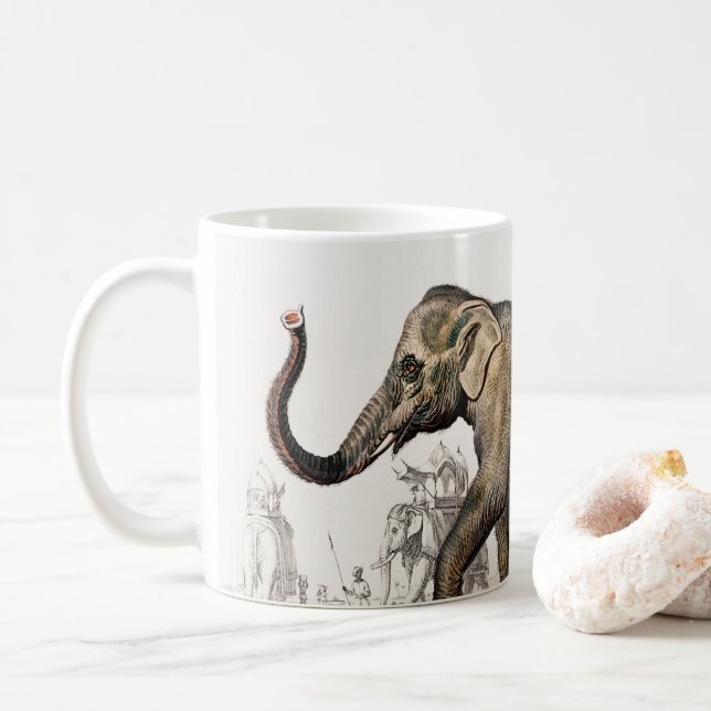 Vintage 1892 Asiatic Elephant Illustration Coffee Mug (With Donut)