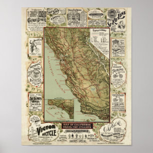 Vintage 1895 California Bicycle Cycling Map Poster