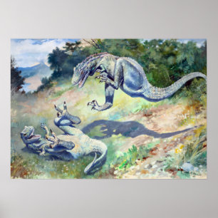 Vintage 1897 Fighting Dinosaurs by Charles Knight Poster