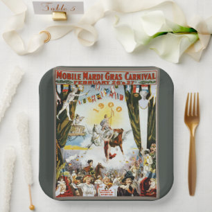 Vintage 1900 Mobile Mardi Gras Carnival Poster Art Paper Plate
