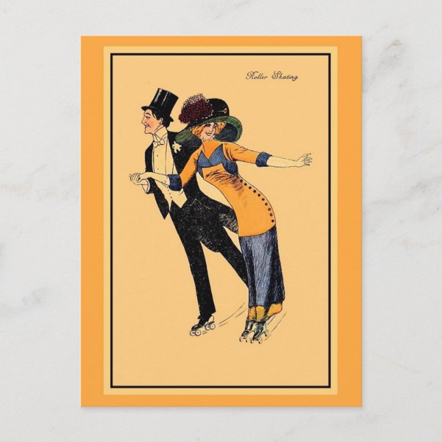 Vintage 1900s roller skating, restored illustrated postcard (Front)