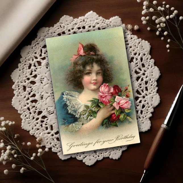 Vintage 1904 Girl Pink Roses Birthday Postcard (Creator Uploaded)