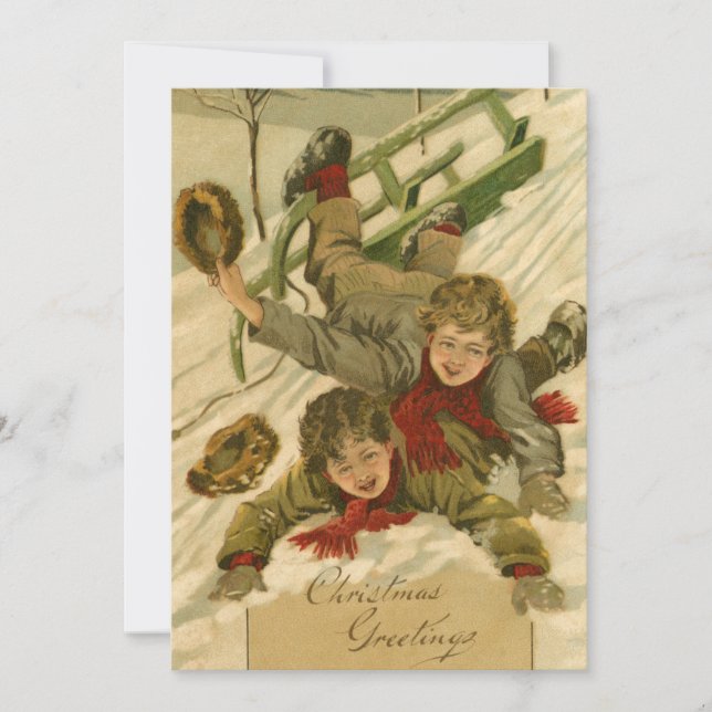 Vintage 1906 Boys Sledding in Snow Christmas Card (Front)
