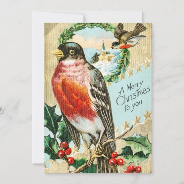 Vintage 1908 Robin Bird Merry Christmas Holiday Card (Front)