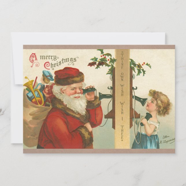 Vintage 1910s Little Girl Calling Santa Christmas Card (Front)