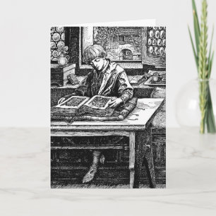Vintage 1914 Illustration Boy Reading Book Card
