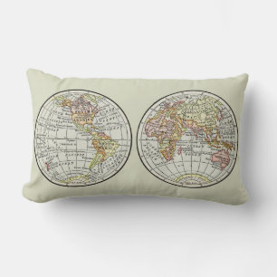 Vintage 1916 World Map Globe Hemispheres Poster Lumbar Cushion