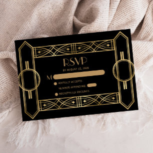 Vintage 1920s Deco Black Gold Wedding RSVP Enclosure Card