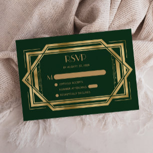 Vintage 1920s Deco Forest Green Gold Wedding RSVP Enclosure Card