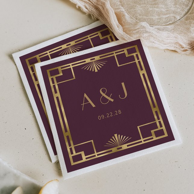 Vintage 1920s Deco Frame Gold Burgundy Wedding Napkin (Creator Uploaded)