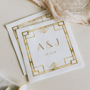 Vintage 1920s Deco Frame Gold White Wedding Napkin