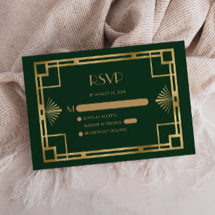 Vintage 1920s Deco Gold Frame Green Wedding RSVP Enclosure Card