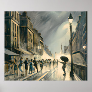 Vintage 1920s Heavy Storm Rain Paris Oil Painting Poster