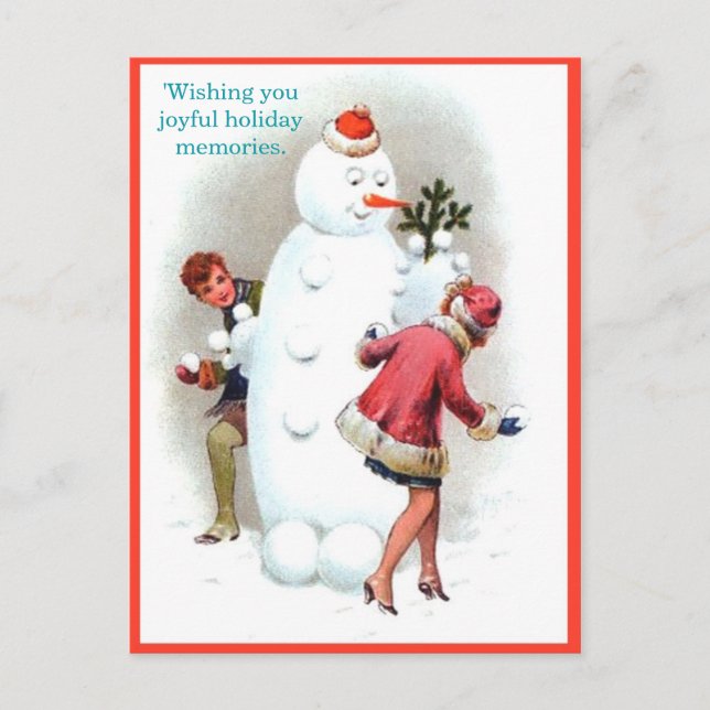 Vintage 1920's Snowman & Fun Young Couple (copy) Postcard (Front)