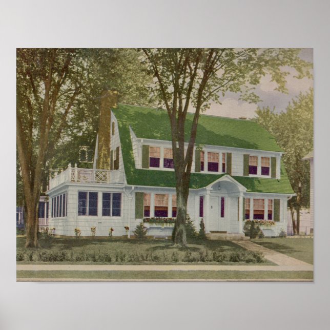 Vintage 1927 House Design Print Green White (Front)