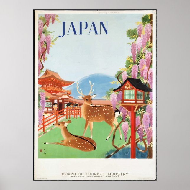 Vintage 1930s Deer & Japanese Pagoda Travel Poster (Front)