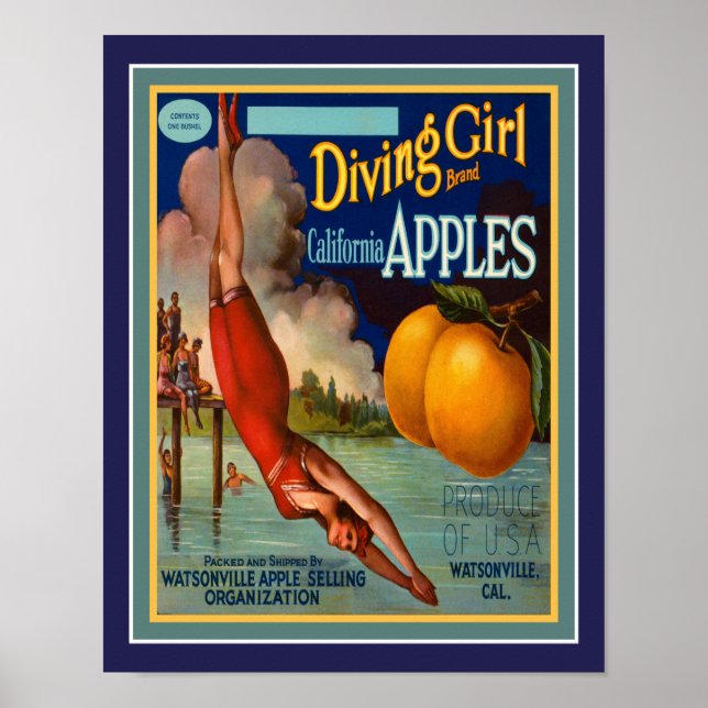Vintage, 1930's Diving Girl California Apples Poster (Front)