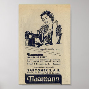 Vintage 1940 Sewing machine ad, romanian,NAUMANN Poster