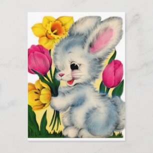 Vintage 1940s Bunny Rabbit With Flowers Postcard