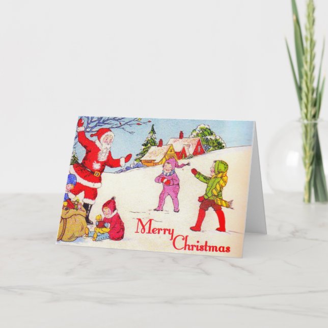 Vintage 1940s Children Playing With Santa Holiday Card (Front)