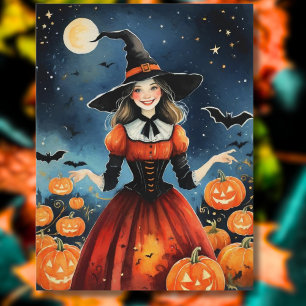 Vintage 1940s Halloween Cute Witch Postcard