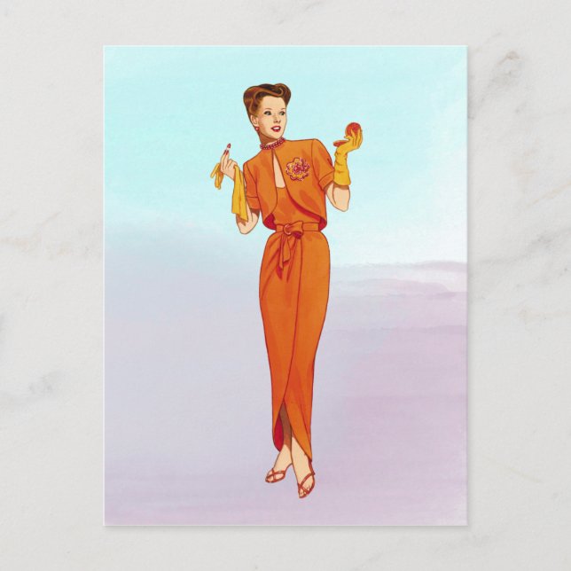 Vintage 1940s Retro Orange Fashion Illustration Postcard (Front)