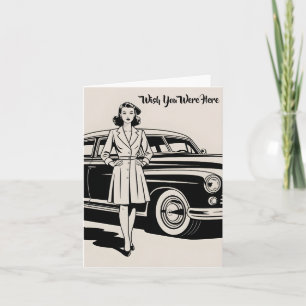 Vintage 1940s Style Illustration of Woman and Car Holiday Card