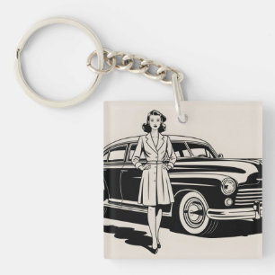 Vintage 1940s Style Illustration of Woman and Car Key Ring