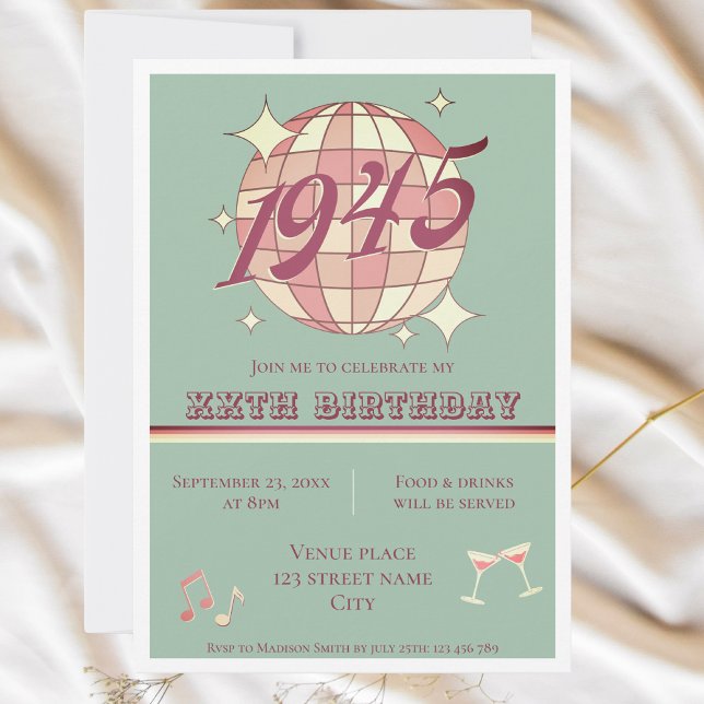 Vintage 1945 80th birthday party Invitation teal (Creator Uploaded)