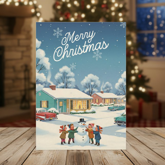 Vintage 1950 Christmas Card – Kids & Snowman (Creator Uploaded)