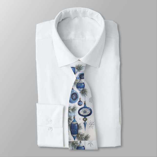 Vintage 1950's Christmas Blue Silver Ornaments Tie (Tied)