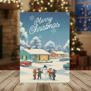 Vintage 1950s Christmas Card – Kids & Snowman
