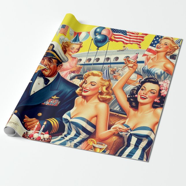 Vintage 1950s Party Illustration Wrapping Paper (Unrolled)