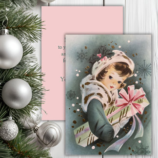 Vintage 1950s Pink Christmas Girl Custom Christmas Holiday Card