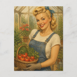 Vintage 1950s Pinup Gardening Girl Birthday Postcard