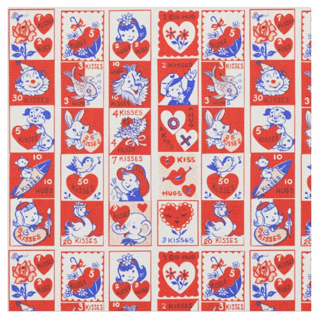 Vintage 1950s Valentine Stamp Pattern Retro Kitsch Fabric (Close Up)