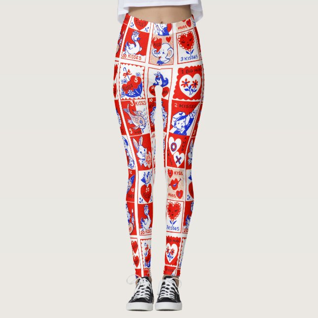 Vintage 1950s Valentine Stamp Pattern Retro Kitsch Leggings (Front)