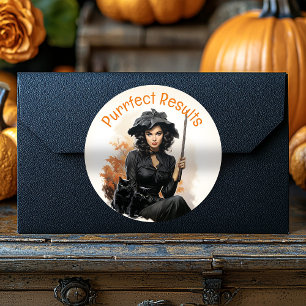 Vintage 1950s Witch With Black Cats Halloween Classic Round Sticker