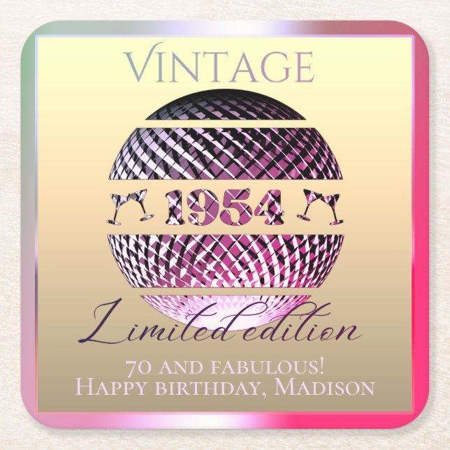 Vintage 1954 70th birthday pink square paper coaster (Front)
