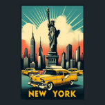 Vintage 1955 New York City Skyline Poster<br><div class="desc">• This vibrant, retro-style poster celebrates the iconic New York City, featuring the Statue of Liberty, the towering Empire State Building, and classic yellow taxis cruising along the waterfront. The artwork uses bold, warm colours to highlight the city's dynamic skyline, with rays of light streaming through the sky, adding an...</div>