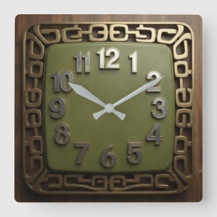 Vintage 1970s Brutalist Retro Olive Green & Brass Square Wall Clock