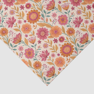 Vintage 1970s Folk Art Flowers Pink Orange  Tissue Paper