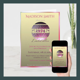 Vintage 1974 birthday invitation pink gold