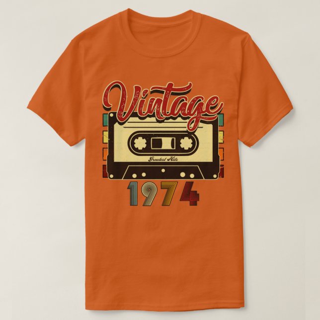 Vintage 1974 Greatest Hits Cassette Tape T-Shirt (Design Front)
