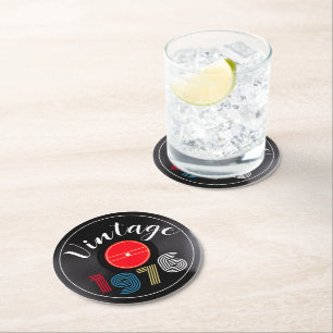 Vintage 1976 Retro Stripe Record 50th Birthday Round Paper Coaster