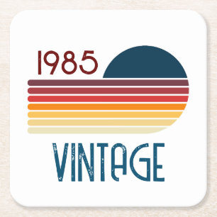 Vintage 1985 Retro Stripe Sun Square Paper Coaster