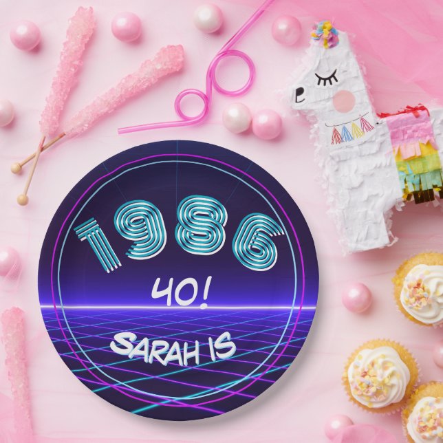 Vintage 1986 Retro & Lasers 40th Birthday Paper Plate (Party)