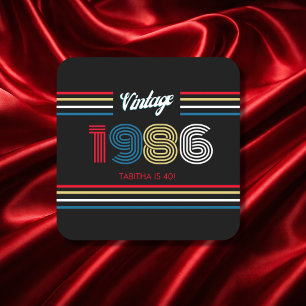 Vintage 1986 Retro Stripe 40th Birthday Party  Square Paper Coaster