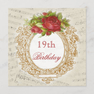 Vintage 19th Birthday Red Rose Frame Music Sheet Invitation